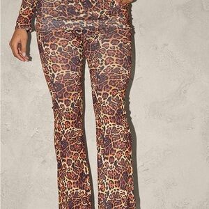 Brown Leopard Print Fold Over Ruching Flare Pants